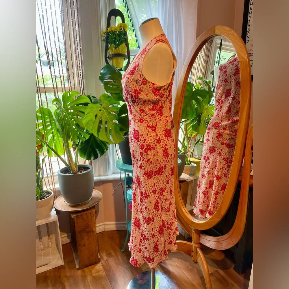 Vintage 90s Red & White Floral Print Maxi Sleeveless V-Neck Slip Dress Sz Small - Picture 5 of 12